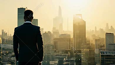 Back view of an African American businessman in a formal suit against the backdrop of skyscrapers.