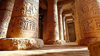 A row of pillars with hieroglyphics on them in a temple