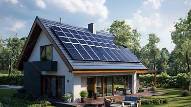Modern house with solar panels generating green energy in nature
