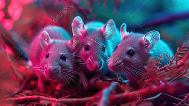 Group of mice sitting on top of a pile of dry leaves, natural habitat