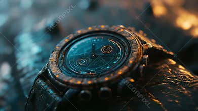 Futuristic smartwatch resembling ancient artifact displaying time on dark background