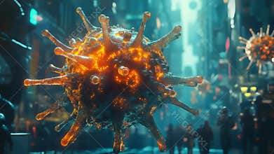 Coronavirus covid 19 floating over futuristic city polluting air with contagion