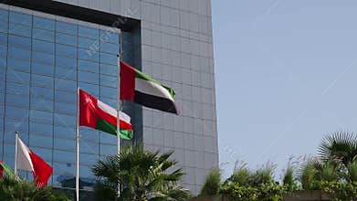 National flags of UAE, Oman, and Bahrain waving in front of a modern glass building in Dubai, UAE. A symbol of Gulf