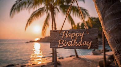 Happy birthday wooden sign hanging from palm tree at sunset on tropical beach