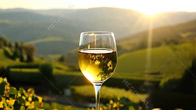 A glass of white wine on the railing of a terrace overlooking the vineyards.