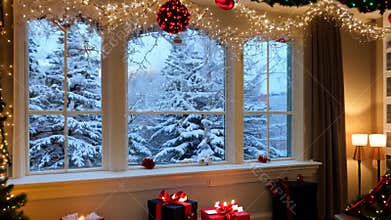 Christmas Living Room Decorated for Winter Holiday Season With Gifts and Snow Outside