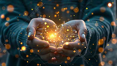 Hands embrace a glowing heart symbolizing digital connections in healthcare