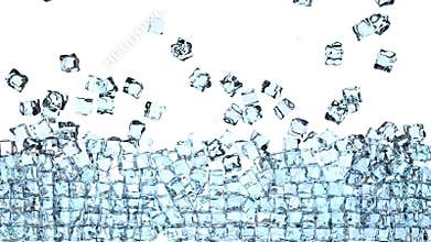 4K Ice cubes is falling down on a white and forming a wall in front of the camera