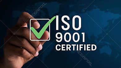 ISO 9001 Certified Quality Standards Presentation With Hand Drawing Tick On Digital Screen