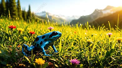 Azure Poison Dart Frog on Lush Green Meadow with Colorful Wildflowers at Mountain Valley Scenery in Warm Sunlight Wildlife and