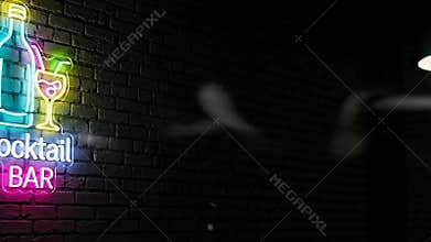 Neon Cocktail Sign Glows on Textured Brick Wall in Dimly Lit Bar with Subtle Smoke Wisps Creating a Moody Ambiance