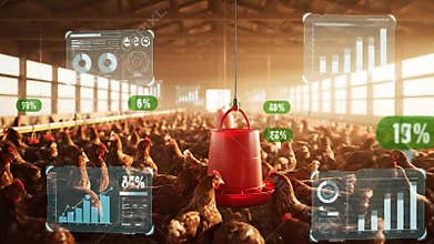 Modern Chicken Farm Management With Digital Data Visualization Overlays Showing Growth And Health Metrics In A Well Lit Barn