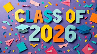 Colorful paper letters forming \'Class of 2026\' with festive decorations on blue background, camera zooms out