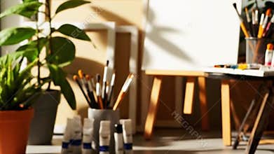 Artist Studio Setup with Easel Blank Canvas Brushes Paints and Green Plant in Warm Sunlight Creating Artistic Atmosphere