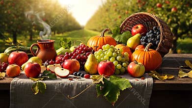 Abundant Harvest Display on Rustic Table Featuring Autumn Fruits Pumpkins and Hot Beverage in Orchard