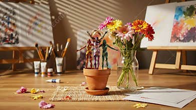 Art Studio Scene with Flower Bouquet Still Life and Colorful Artwork on Easels in Background with Strips of Sunlight Casting