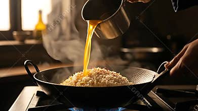 Chef Carefully Pours Golden Sauce Onto Steaming White Rice In A Wok With Red Chili Flakes On A Gas Stove With Soft Window Light