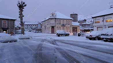 Snowy cityscape in Puebla de Lillo, Spain
