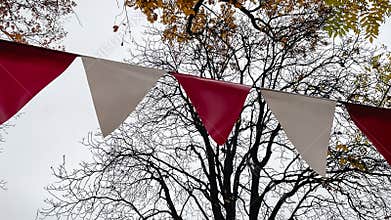 Red and white triangular bunting hanging against a background of bright yellow autumn foliage and sky