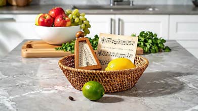 Freshly Gathered Fruits and Musical Notes Composition on a Kitchen Countertop with Soft Natural Lighting