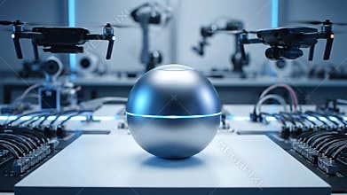 High Tech Laboratory Setup with Silver Sphere Drones and Robotic Arms in Blue Lighting Futuristic Research and Development Concept