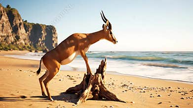 Impala on Sandy Shore Gazing into Ocean near Weathered Driftwood with Distant Cliffs and Clear Skies Creating a Serene Wildlife