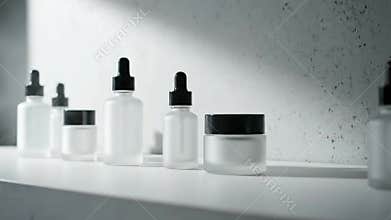 Elegant Assortment of White Skincare Products with Black Accents Displayed Against a Textured Wall in Soft Lighting Featuring