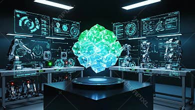 Futuristic Laboratory with Holographic Data Sphere and Robotic Arms Showcasing Advanced Technology and Scientific Research