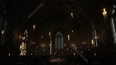 Grand Gothic Hall Interior With Hundreds Of Floating Candles Illuminating Stone Walls and Arched Windows Dramatic Shadow Play