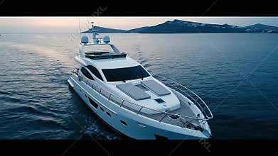 Luxury White Motor Yacht Cruising Calm Ocean Waters During Twilight With Distant Shoreline Hills and Subtle Horizon Light