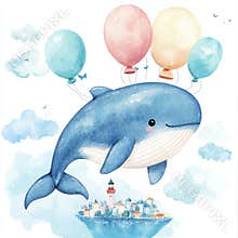 A cute watercolor flying whale lighthouse and air balloons depict a beautiful baby clipart composition. Illustration of