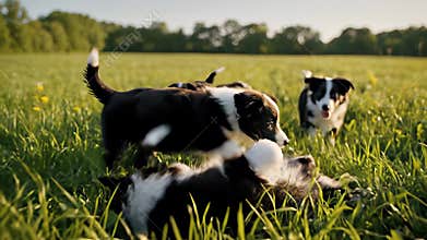 Playful puppies running freely in a lush field of tall grass with vibrant yellow flowers swaying gently in the wind, capturing the