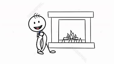 Animated Stick Figure Bringing a Pillow to a Fireplace Against a White Backdrop Illustrating Cozy Home Warmth and Bedtime
