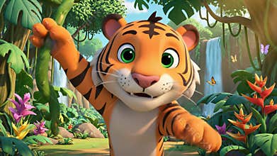 Tiger playfully swings through lush jungle foliage, its paws held high in joyful abandon, capturing the whimsical concept of