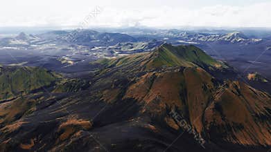 Aerial panorama of Landmannalaugar rhyolite ridges and lava fields