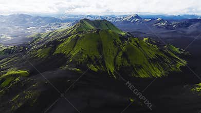Aerial volcanic cones and ash plains in Icelandic highlands