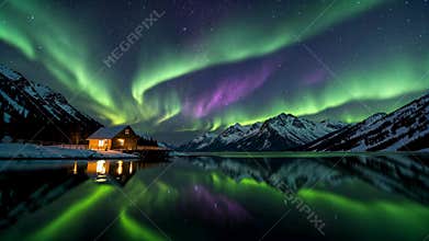 Aurora Snow Mountain Lake House Night View, Generative AI
