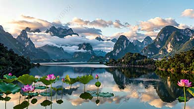 Natural scenery of lotus flowers in mountains, rivers, lakes and lakes, Generative AI