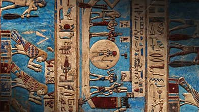 Hieroglyphic carvings and paintings on wall