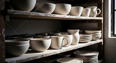 Ceramic Bowl Plate and Mug Collection on Shelf