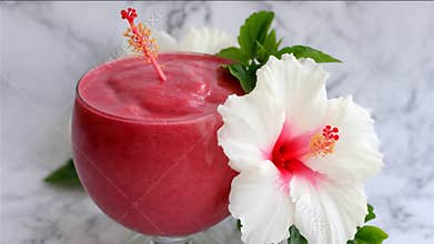 Refreshing Tropical Smoothie Served in a Glass with Fresh Hibiscus Flowers