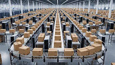 Automated Logistics Warehouse Conveyor System with Numerous Cardboard Boxes in a Large Industrial Facility