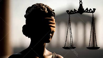 Blind Justice Statue with Scales of Fortune in Dramatic Silhouette
