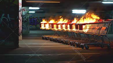 Symbolic scene of burning shopping carts in a row within a gritty urban parking garage