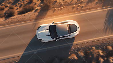 Aerial view of a sleek white sports car driving on a desert road at sunset