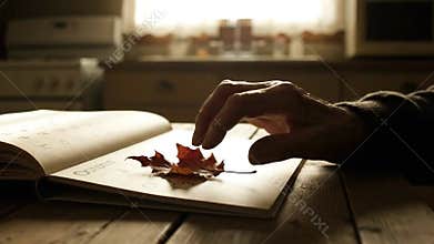 Close Up of Maple Leaf on Braille Book with Kitchen Background on Wooden Tabletop in Warm Light Tones Hands Touching Leaf