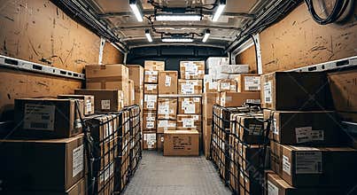Interior of a delivery van filled with cardboard boxes ready for shipping and transport