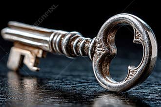 Antique silver key on dark textured surface