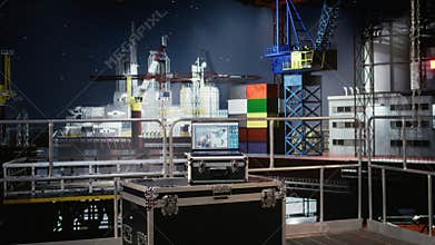 Laptop screen shows visualization monitoring software on empty offshore platform