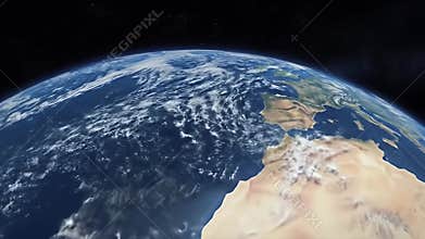 Aerial view of Earth from space focusing on Africa, the Sahara Desert, and surrounding oceans